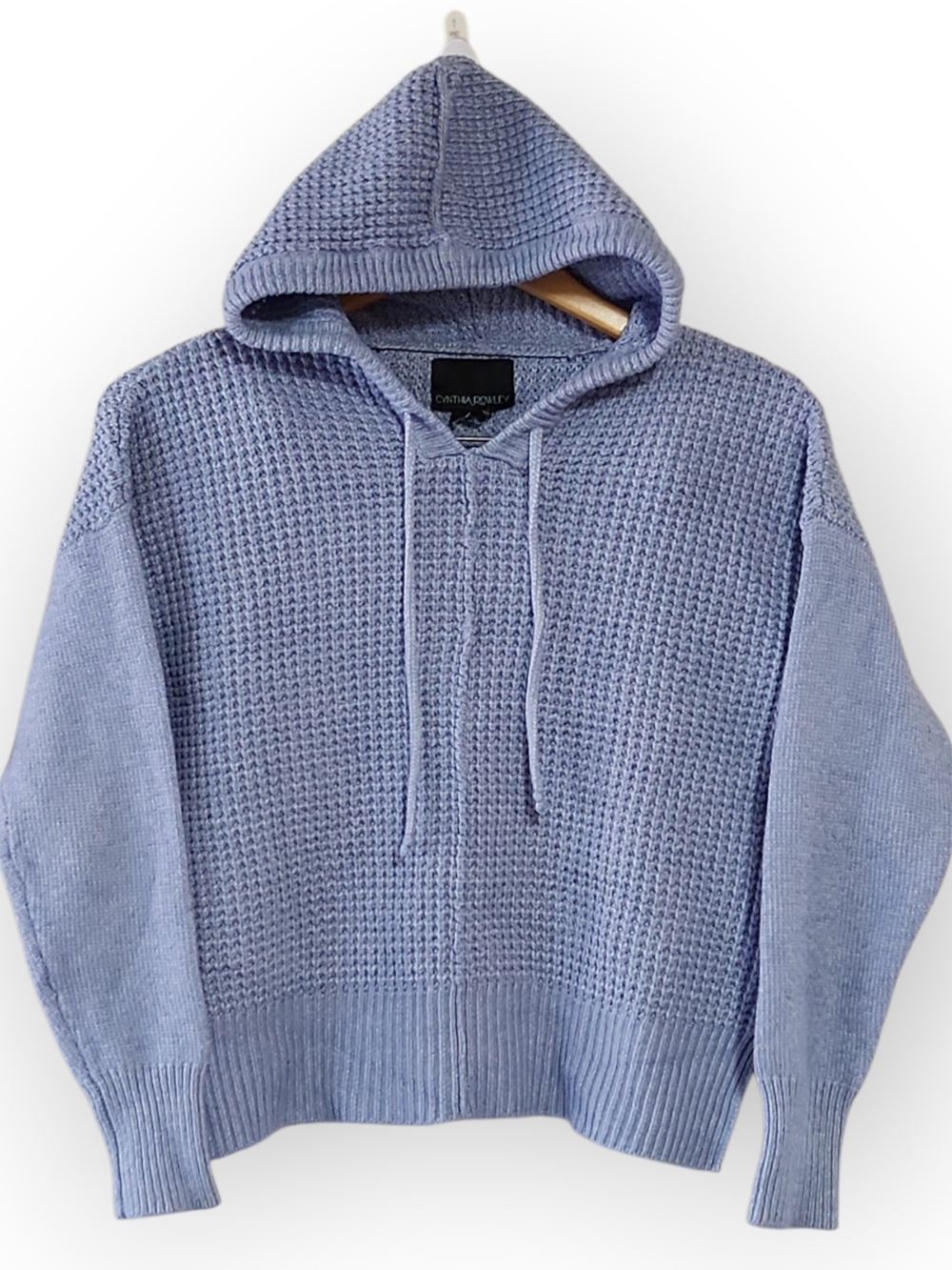 Cynthia Rowley Light Blue Waffle-Knit Hooded Sweater